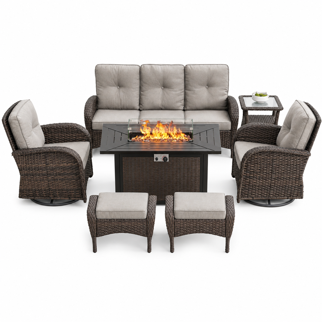7 Piece Outdoor Patio Furniture Set, Patio Furniture Set with Fire Pit Table Rattan Wicker Patio Furniture Set, Brown Wicker & Beige Cushion