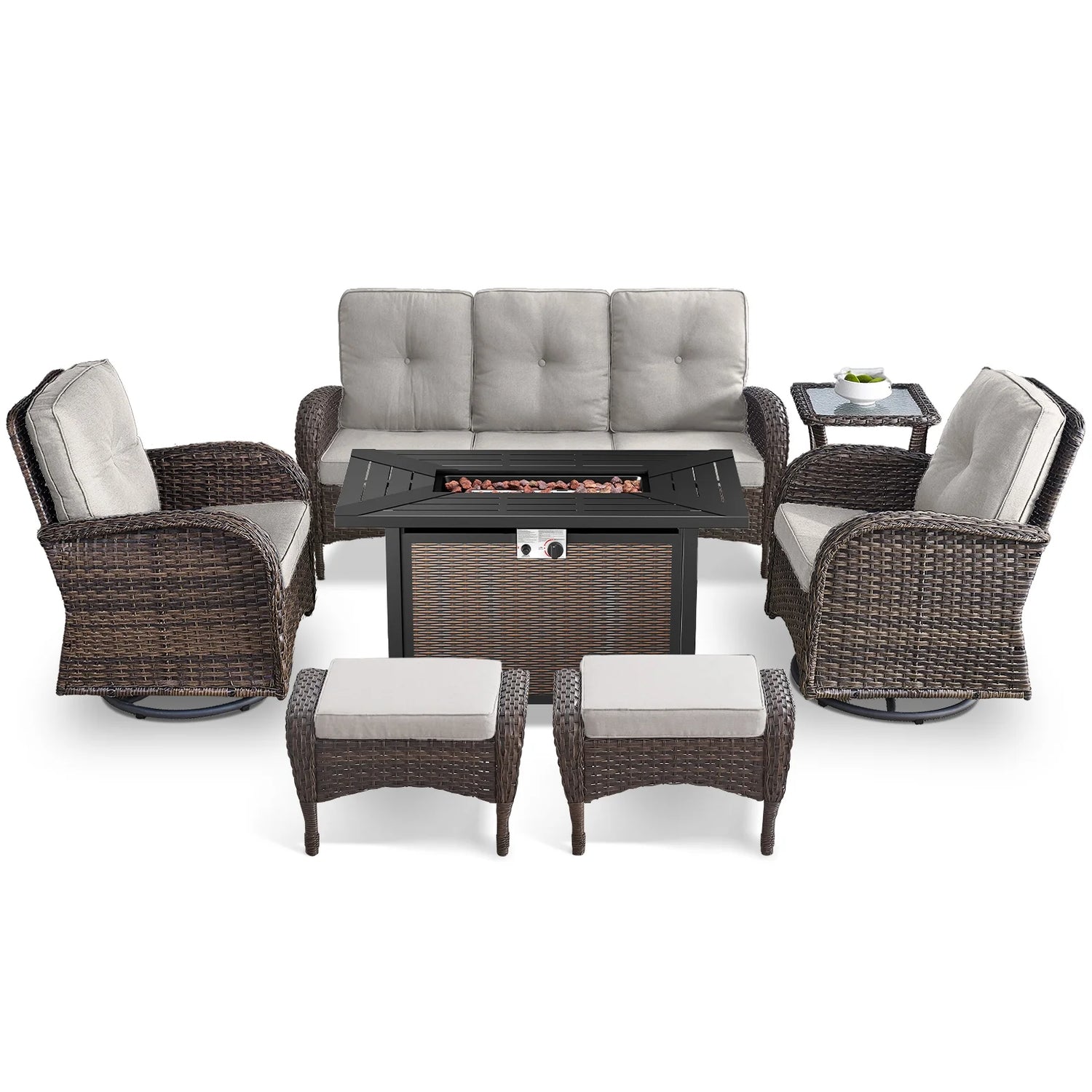 7 Piece Outdoor Patio Furniture Set, Patio Furniture Set with Fire Pit Table Rattan Wicker Patio Furniture Set, Brown Wicker & Beige Cushion